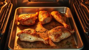 Golden crispy chicken baking in a toaster oven