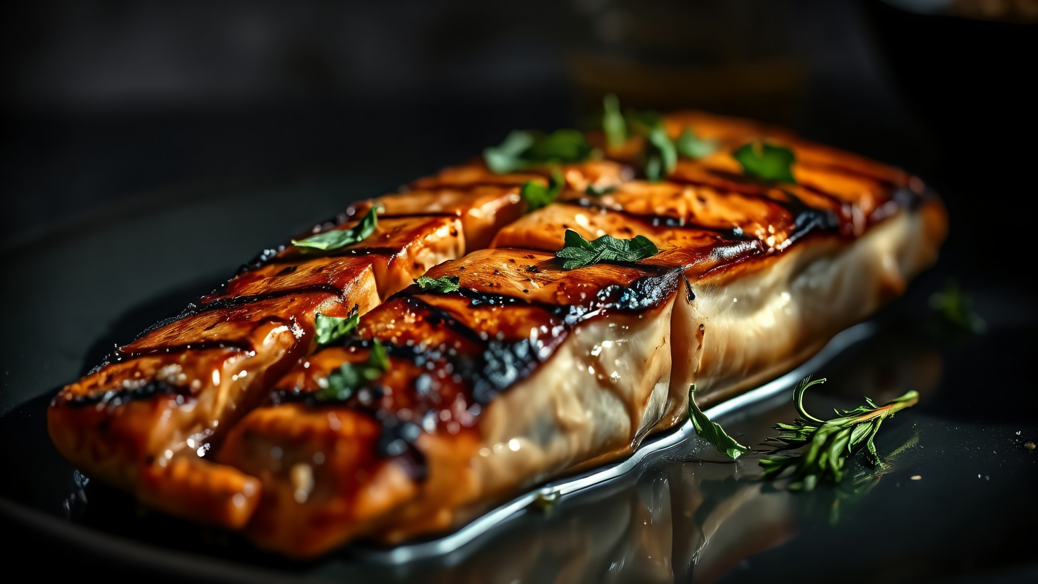 Grilled salmon with vegetables on pan