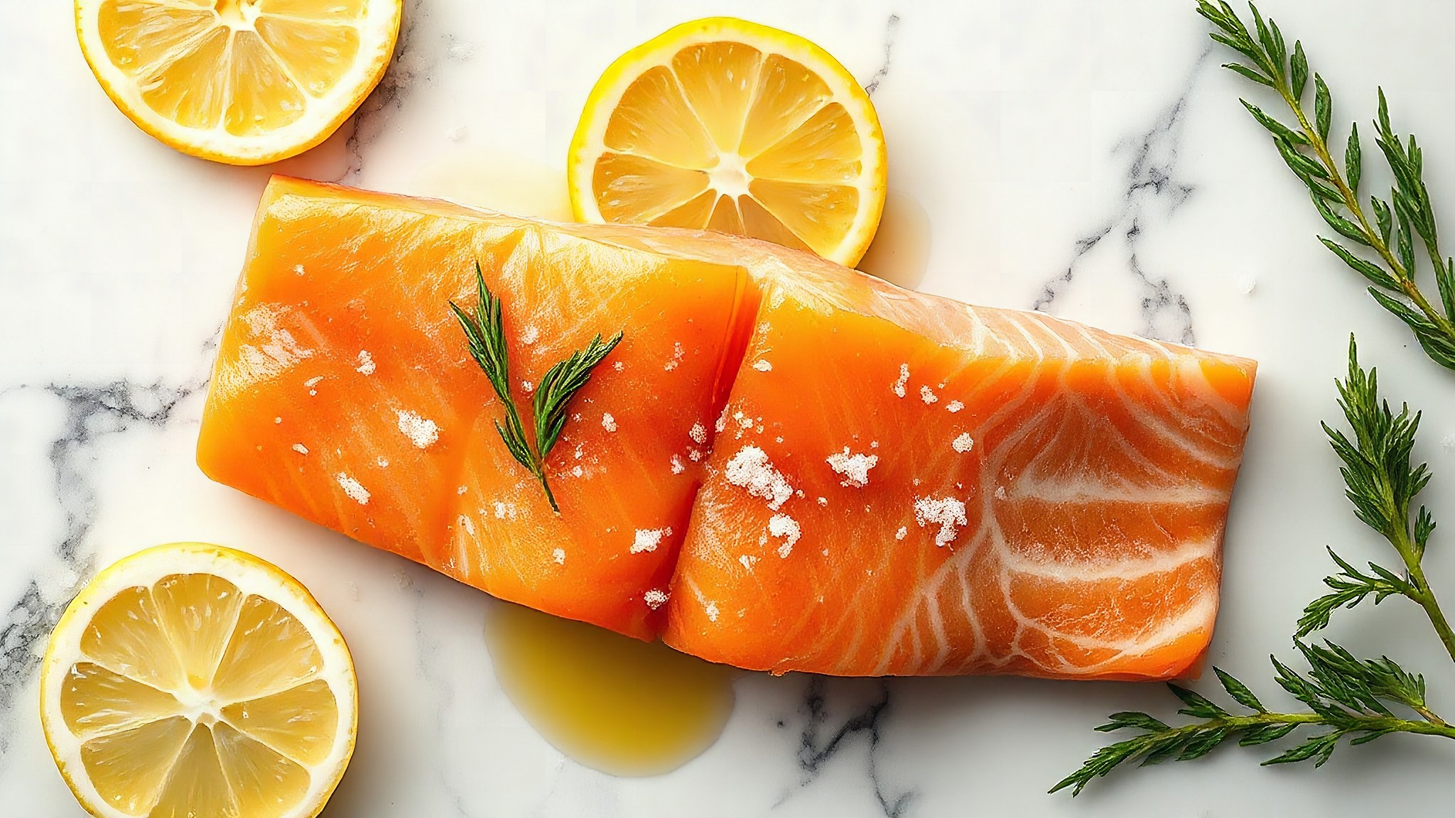 Salmon Fillet with Sea Salt, Lemon, Olive Oil on Slate Dark Background. Close up.