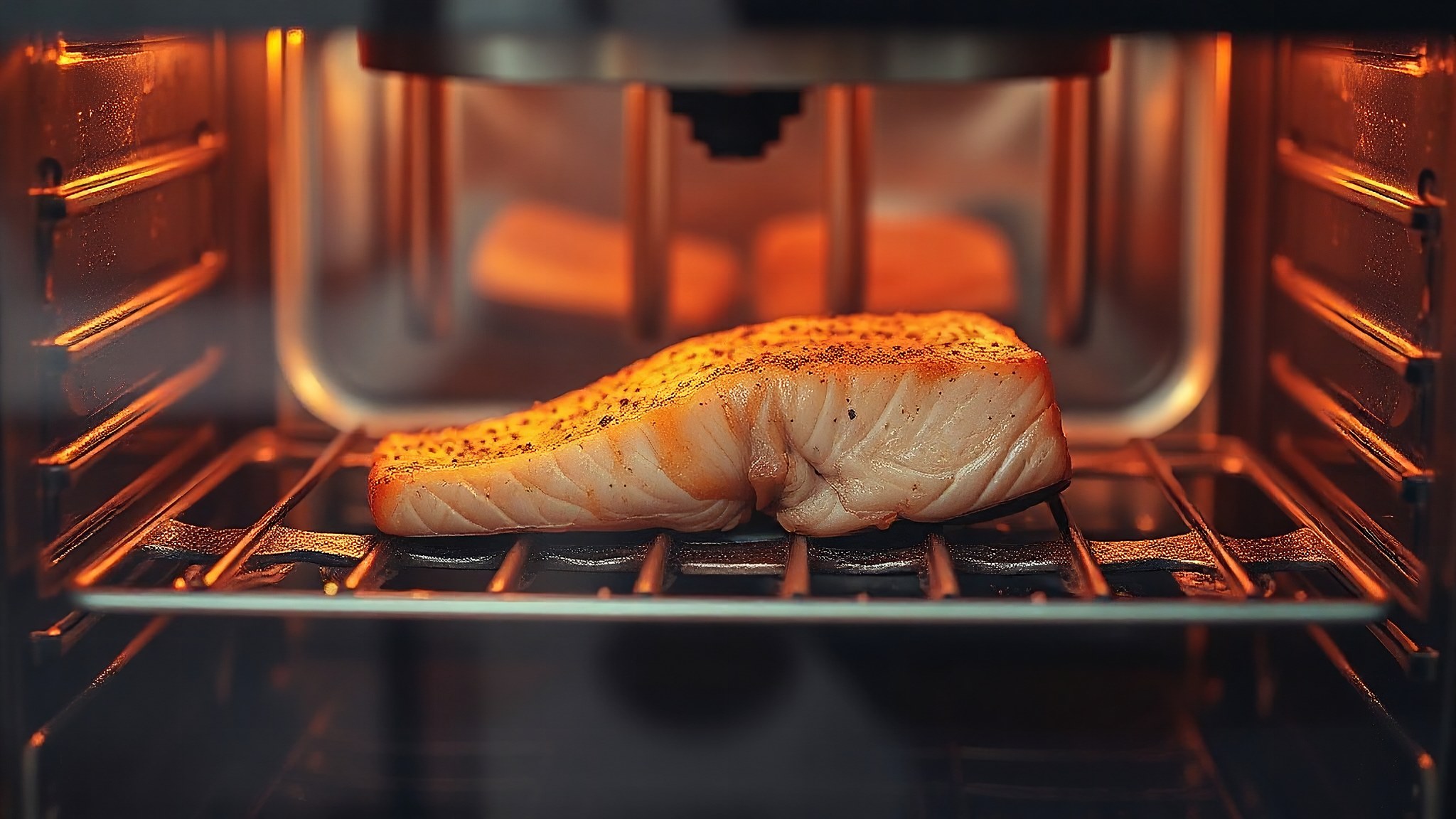 View Looking Out From Inside Oven As Woman Cooks Oven Baked Salmon