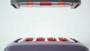 Glowing red heating elements inside a toaster