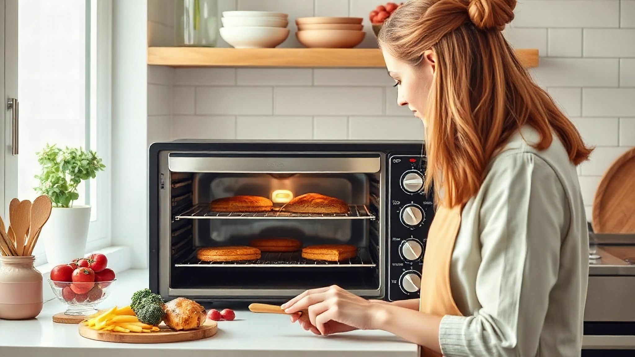 Young plus size spanish woman cooking on a microwave at a modern kitchen