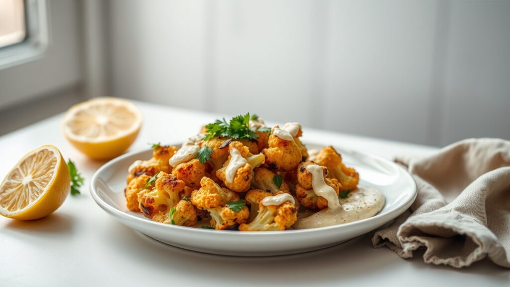Air Fryer Toaster Oven Crispy Cauliflower with Lemon Tahini Drizzle