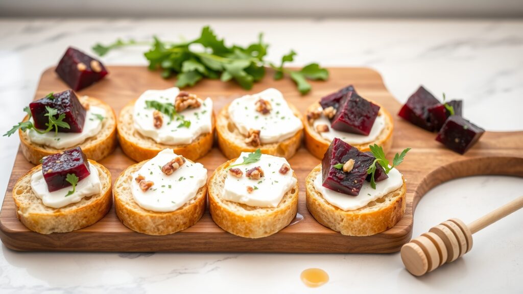 Toaster Oven Crispy Herbed Goat Cheese and Roasted Beet Crostini