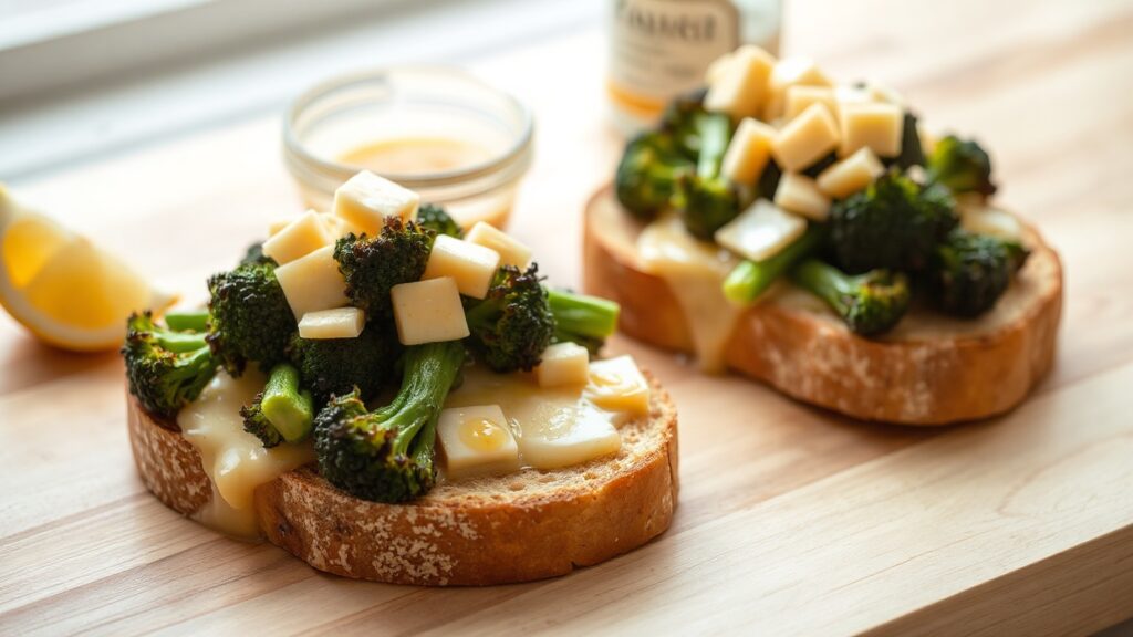Toaster Oven Honey Mustard Roasted Broccolini and White Cheddar Melts on Sourdough