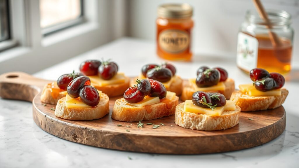Toaster Oven Crispy Manchego and Roasted Grape Crostini with Rosemary Honey