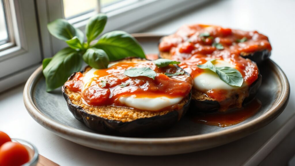 Toaster Oven Crispy Eggplant Parmesan Slices with Marinara