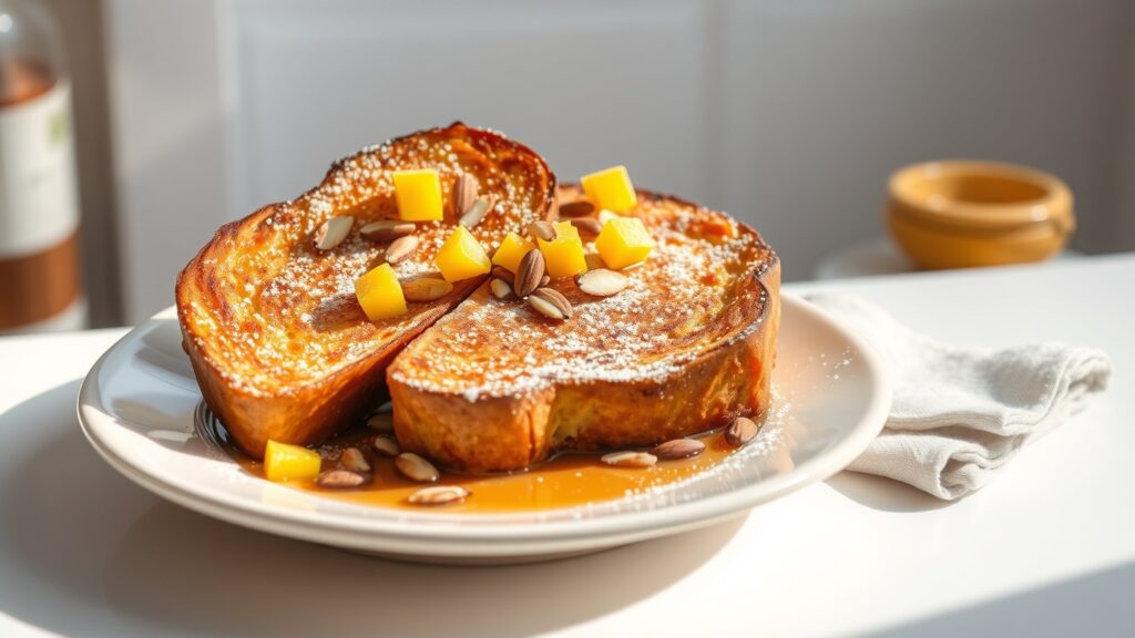 Toaster Oven Crispy Coconut French Toast with Mango and Toasted Almonds