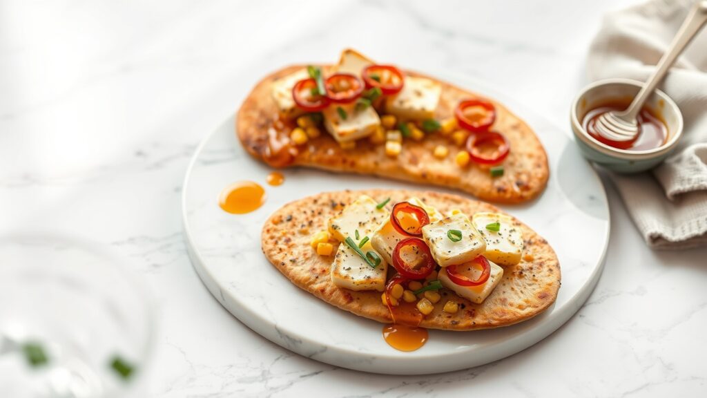 Toaster Oven Crispy Halloumi and Roasted Corn Flatbread with Chili Honey