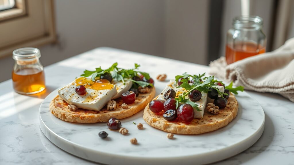 Toaster Oven Crispy Halloumi and Roasted Grape Flatbread with Honey and Walnuts