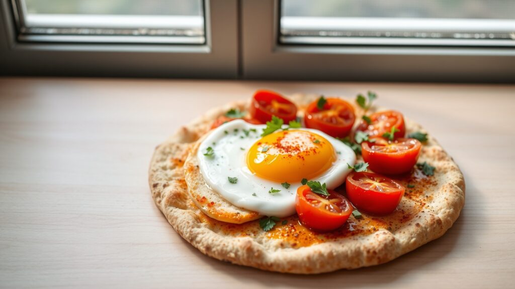 Toaster Oven Crispy Halloumi and Roasted Tomato Shakshuka Flatbread with Harissa and Herbs