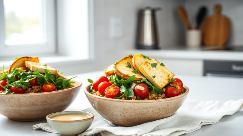Toaster Oven Crispy Halloumi and Roasted Vegetable Grain Bowls with Lemon Tahini