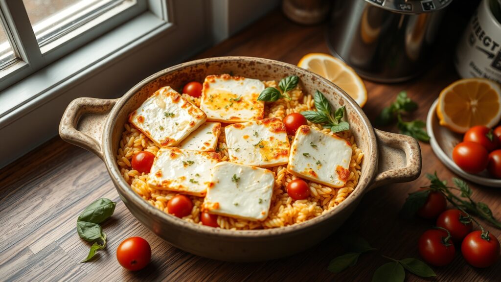 Toaster Oven Crispy Halloumi and Roasted Tomato Orzo Bake