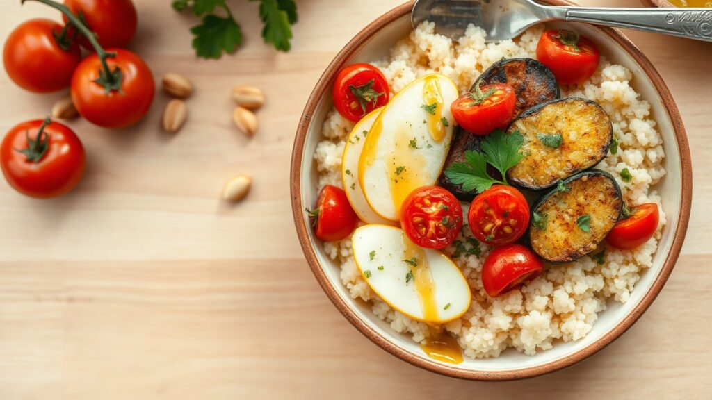 Toaster Oven Crispy Halloumi and Roasted Zucchini Couscous Bowls with Lemon Herb Dressing