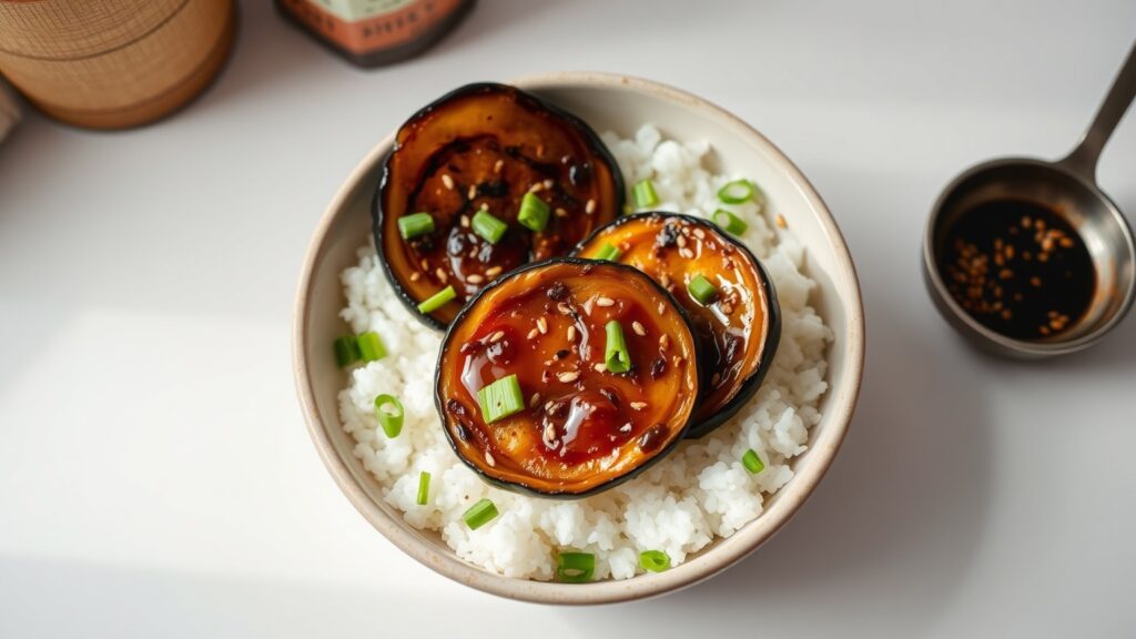 Toaster Oven Crispy Honey Miso Glazed Eggplant with Sesame Rice and Scallions