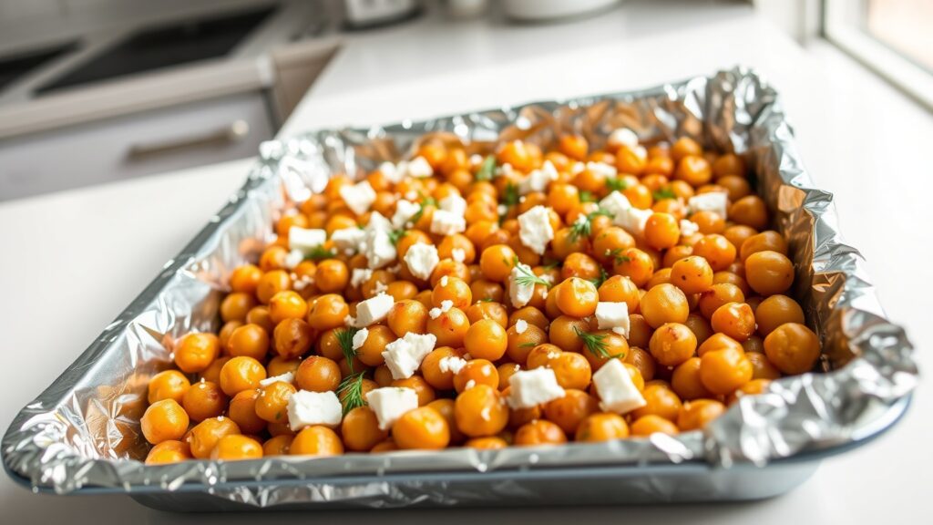 Toaster Oven Crispy Honey Mustard Roasted Potato and Chickpea Sheet Pan with Feta and Dill