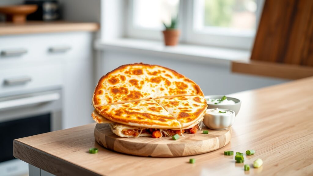 Toaster Oven Crispy Kimchi and Cheddar Quesadillas with Scallion Sour Cream