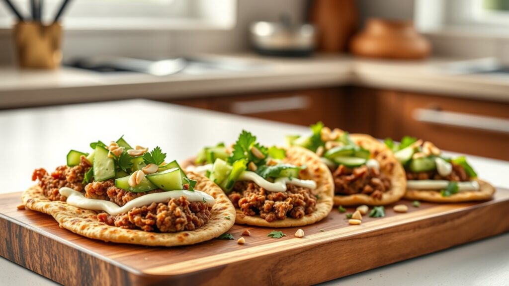 Toaster Oven Crispy Spiced Lamb Flatbreads with Cucumber Mint Salad