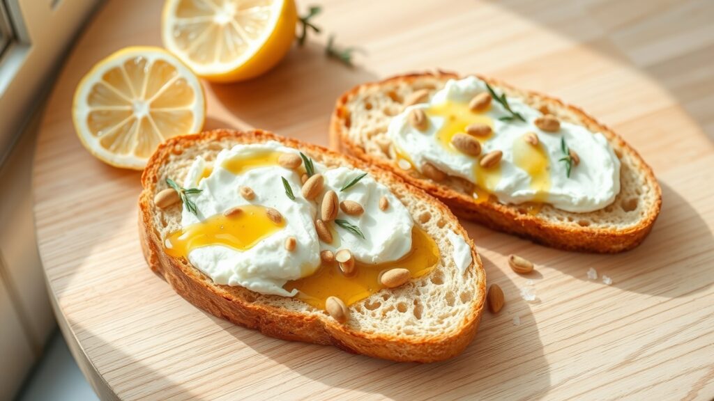 Toaster Oven Crispy Lemon Ricotta Toast with Honey and Toasted Pine Nuts