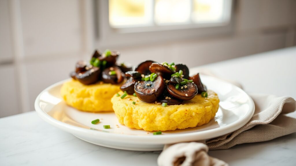 Toaster Oven Miso Butter Roasted Mushrooms on Crispy Polenta