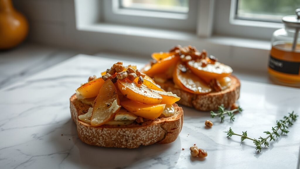 Toaster Oven Crispy Brown Butter Pear and Gorgonzola Tartines with Toasted Walnuts