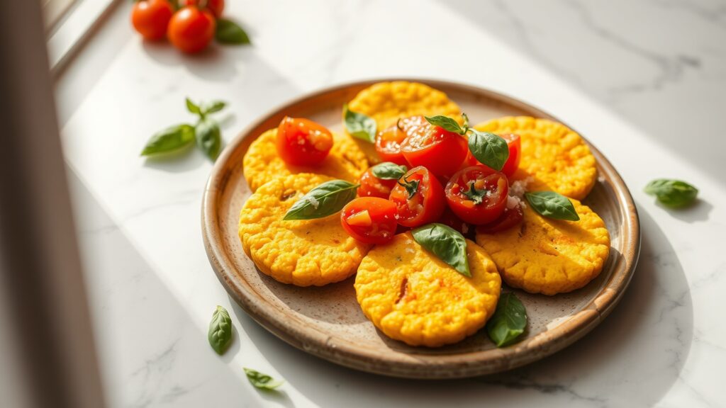 Toaster Oven Crispy Parmesan Polenta Rounds with Roasted Cherry Tomatoes and Basil