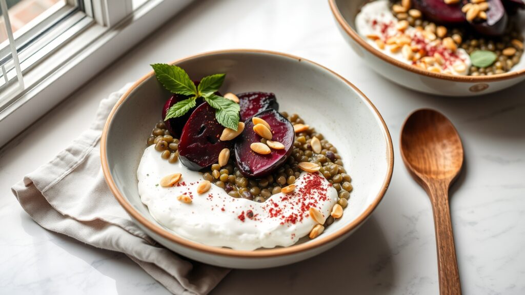 Toaster Oven Crispy Sumac Roasted Beets and Lentil Salad with Herbed Labneh and Toasted Almonds