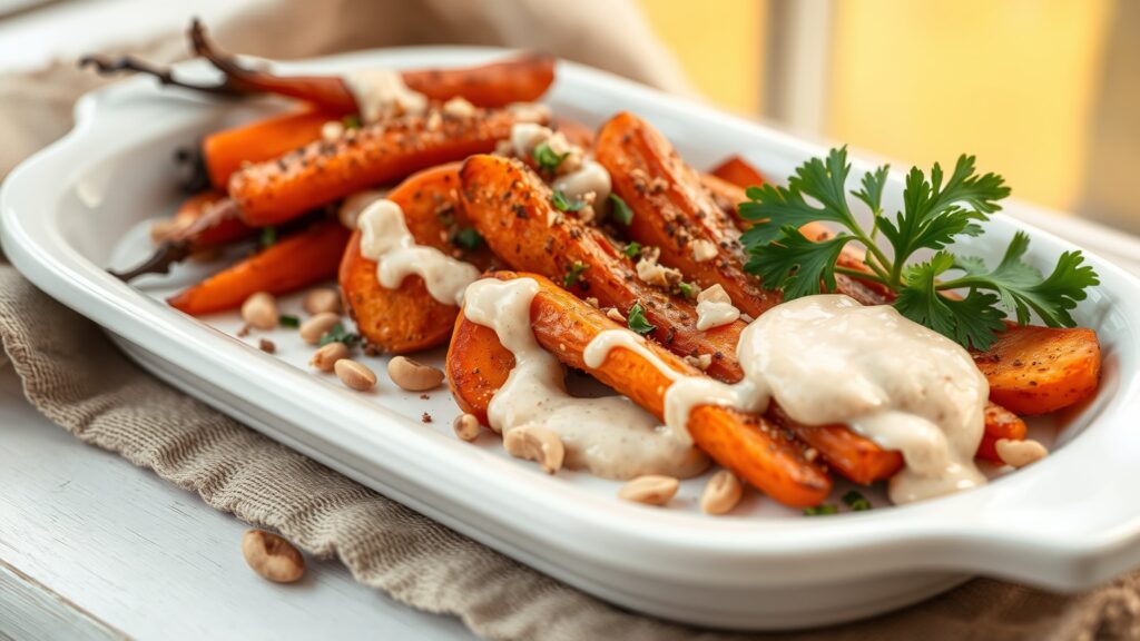 Toaster Oven Crispy Za’atar Roasted Carrots with Lemon Tahini and Toasted Pine Nuts