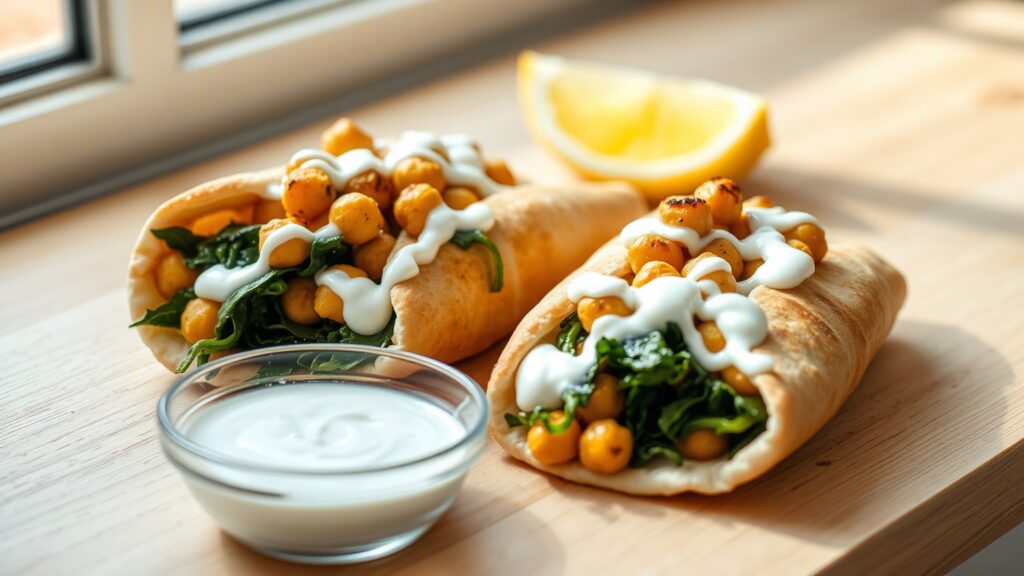 Toaster Oven Crispy Garlic Butter Roasted Chickpea and Spinach Stuffed Pita Pockets