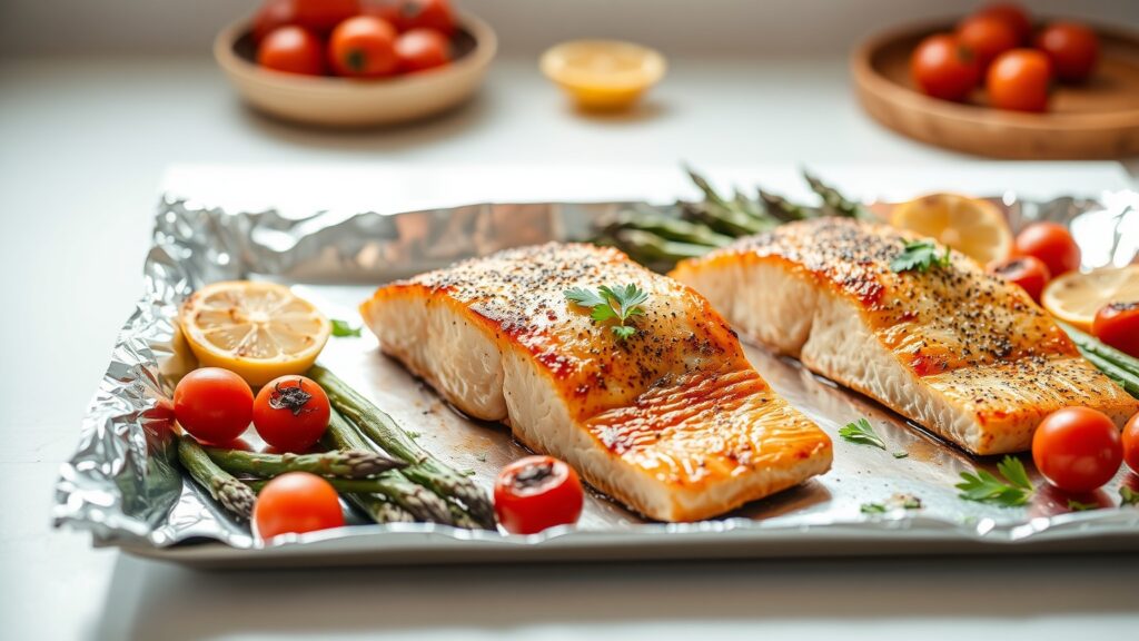 Toaster Oven Crispy Lemon Herb Roasted Salmon with Asparagus and Cherry Tomatoes
