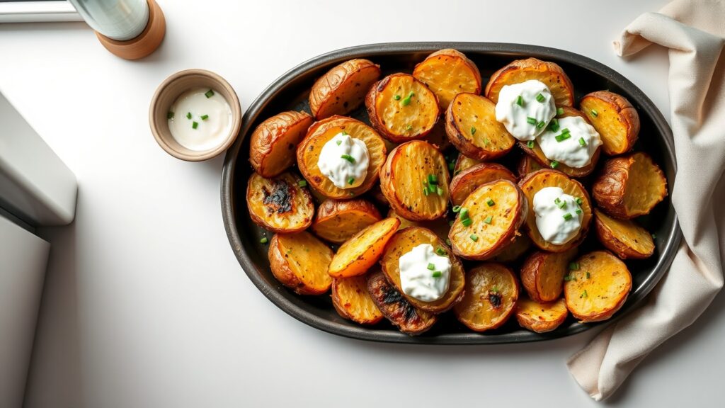 Toaster Oven Crispy Smashed Baby Potatoes with Whipped Herb Cream Cheese
