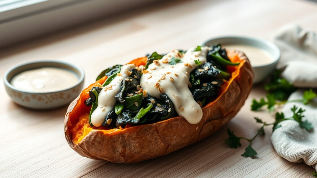 Toaster Oven Roasted Garlic and Spinach Stuffed Sweet Potatoes with Tahini Drizzle