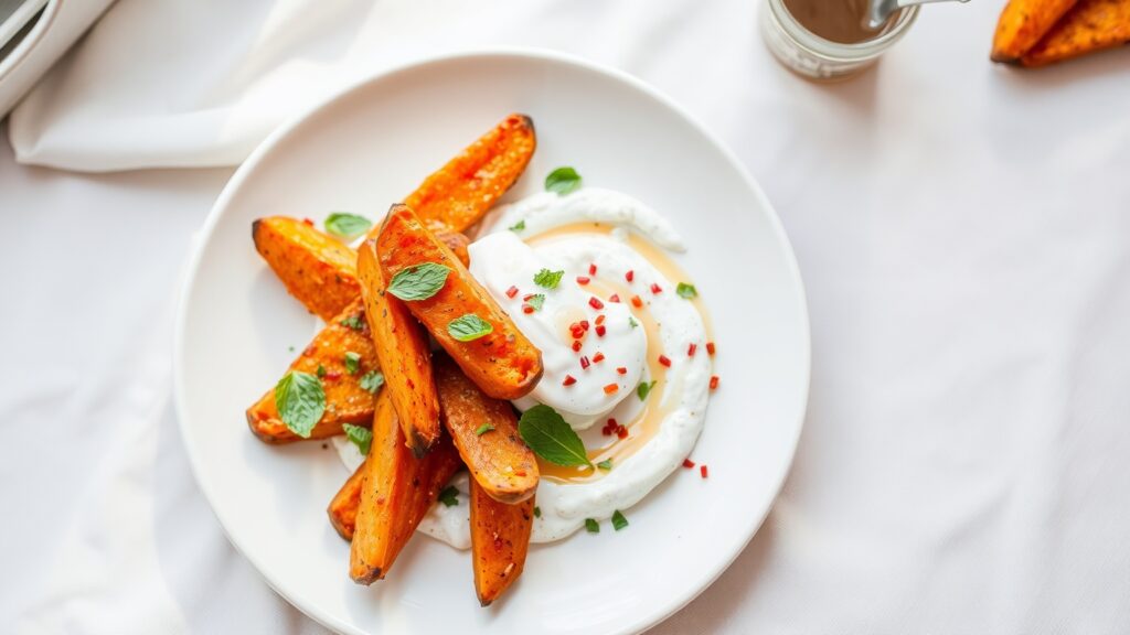 Toaster Oven Crispy Harissa-Spiced Sweet Potato Wedges with Whipped Feta and Herbed Yogurt