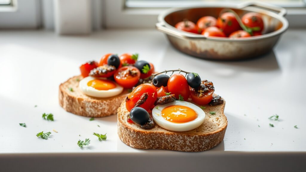 Toaster Oven Roasted Tomato and Olive Tapenade Tartines with Soft-Boiled Egg