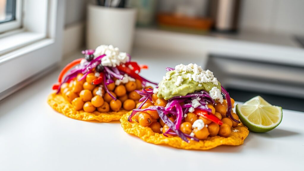 Toaster Oven Crispy Chickpea and Roasted Red Pepper Tostadas with Avocado Crema