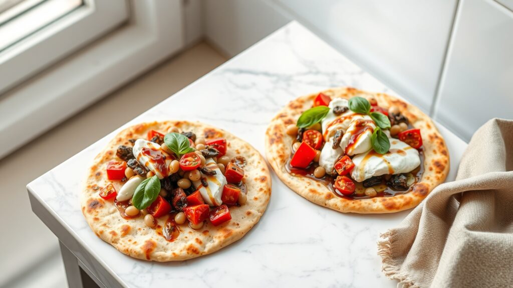 Toaster Oven Crispy White Bean and Sun-Dried Tomato Flatbread with Burrata and Fresh Basil