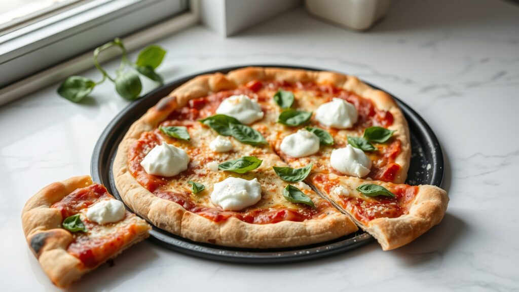 Toaster Oven Crispy Garlic Butter White Pizza with Ricotta and Fresh Basil