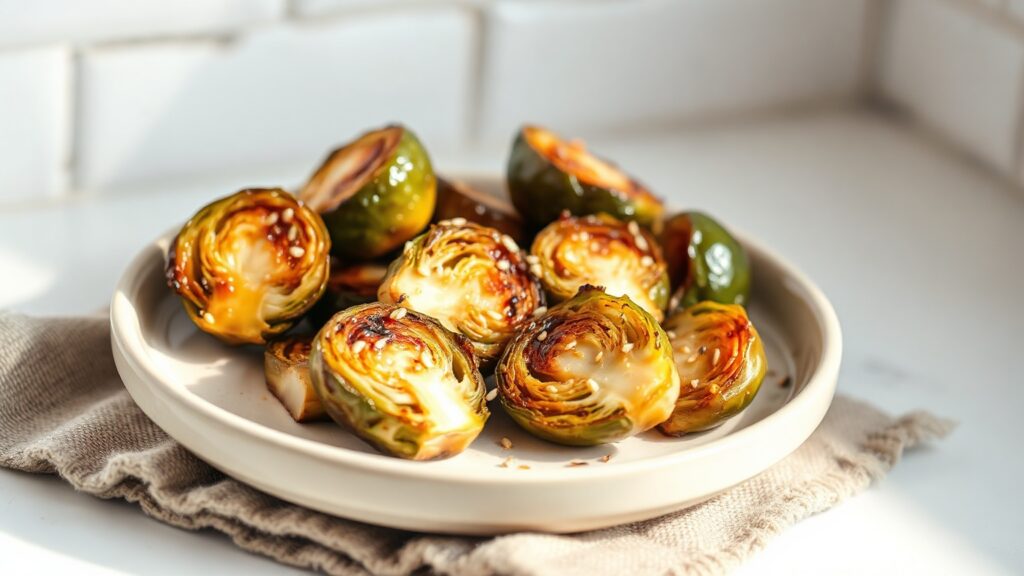 Air Fryer Toaster Oven Brussels Sprouts with Honey, Soy, and Toasted Sesame