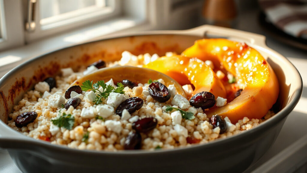 Toaster Oven Crispy Brown Butter Roasted Acorn Squash and Feta Couscous Bake