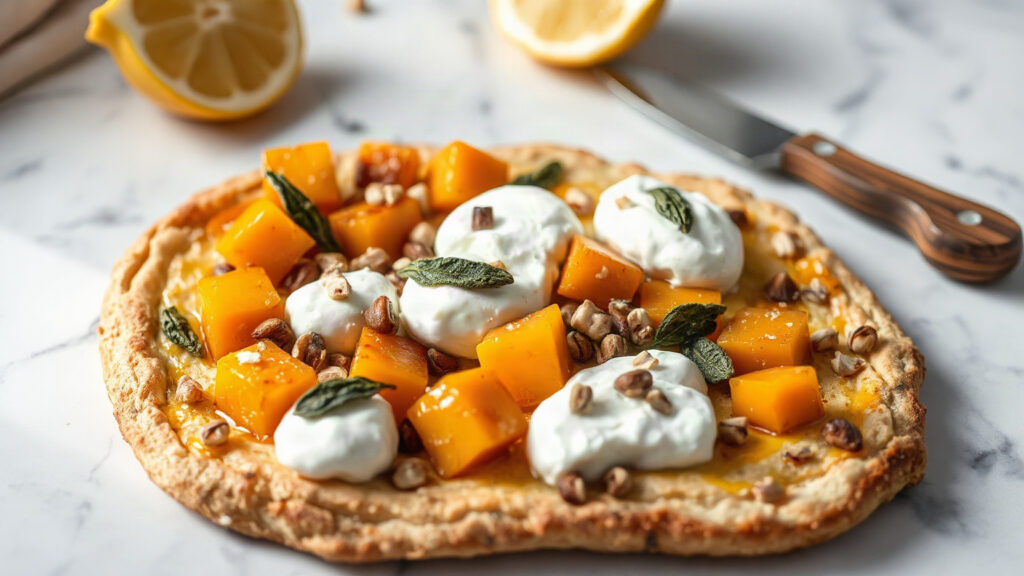 Toaster Oven Crispy Brown Butter Roasted Butternut Squash and Sage Flatbread with Toasted Hazelnuts and Ricotta