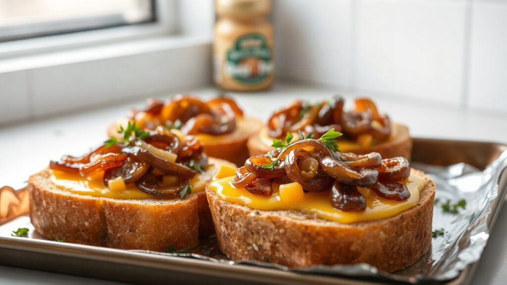 Toaster Oven Crispy Cheddar and Caramelized Onion Tartines with Whole Grain Mustard