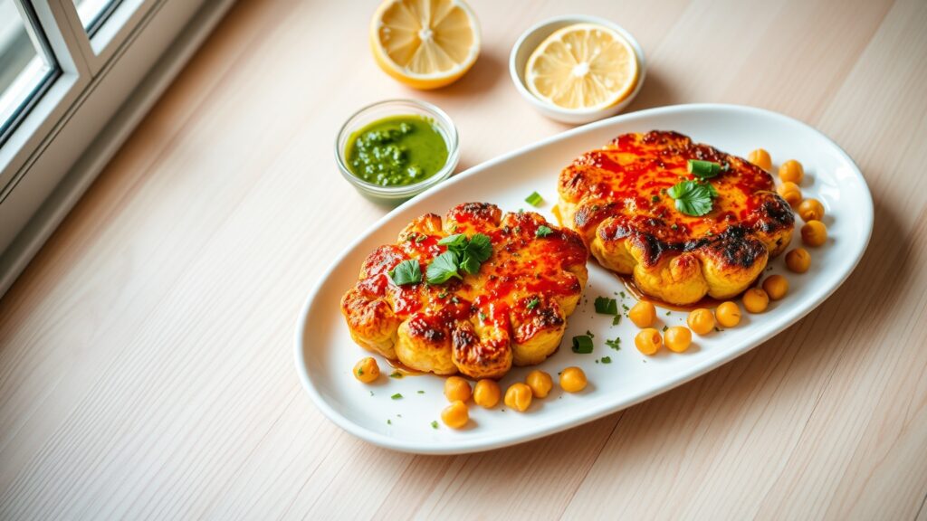 Toaster Oven Crispy Honey Harissa Roasted Cauliflower Steaks with Chickpeas and Green Herb Sauce