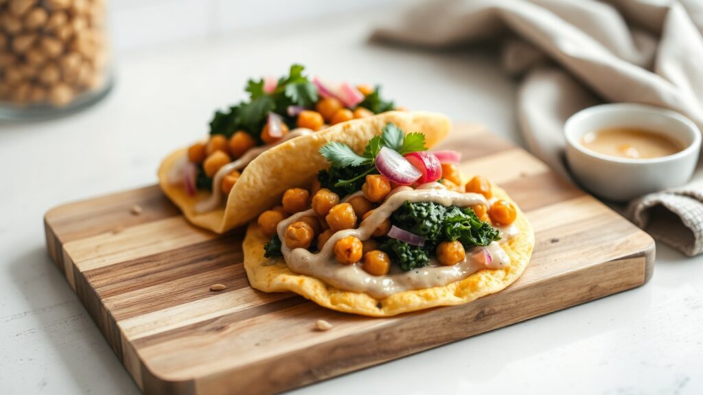 Toaster Oven Crispy Maple Tahini Roasted Chickpea and Kale Flatbread with Pickled Red Onion