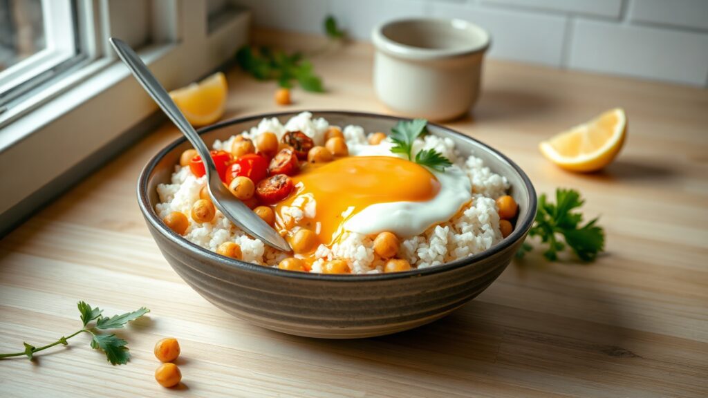 Toaster Oven Crispy Spiced Chickpea and Roasted Tomato Shakshuka Rice Bowls