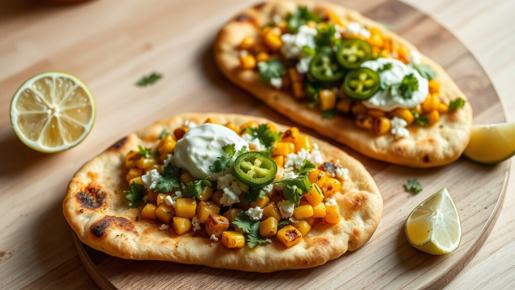 Toaster Oven Crispy Brown Butter Roasted Sweet Corn and Cotija Flatbread with Pickled Jalapeño and Lime