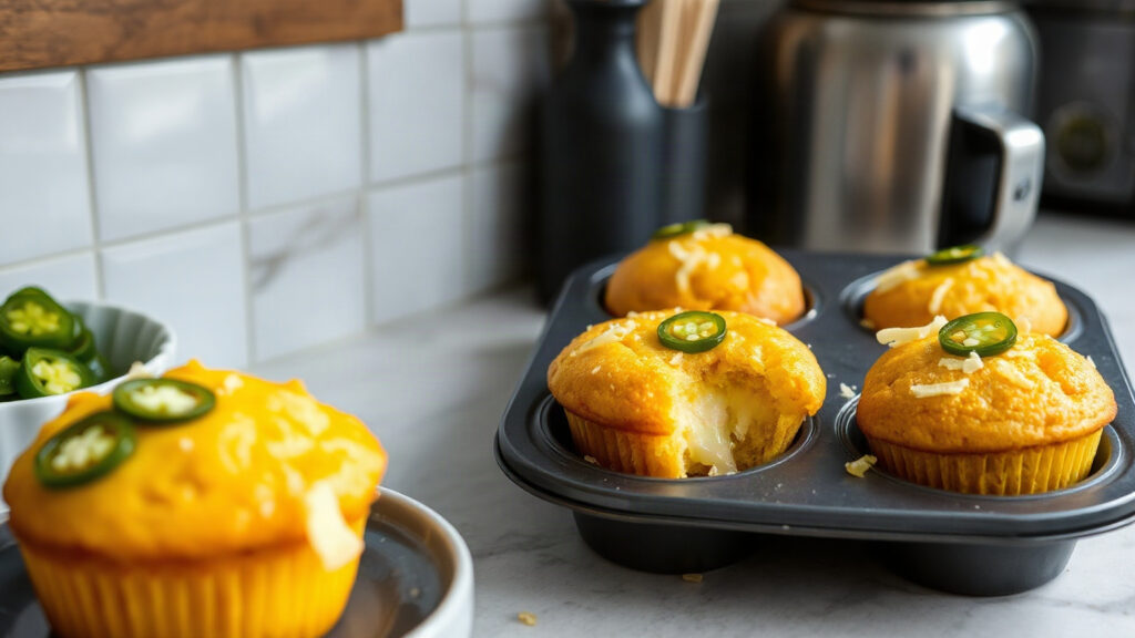 Toaster Oven Crispy Cheddar-Stuffed Jalapeño Cornbread Muffins