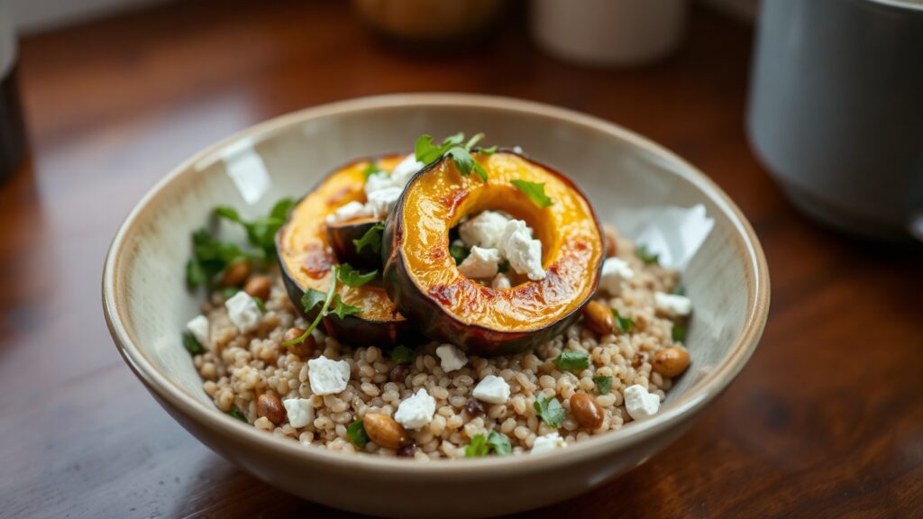 Toaster Oven Crispy Honey Garlic Roasted Delicata Squash and Feta Grain Bowls with Toasted Pepitas