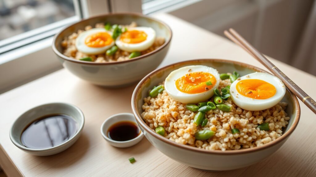 Toaster Oven Crispy Sesame Ginger Edamame and Brown Rice Bowls with Soft-Boiled Egg