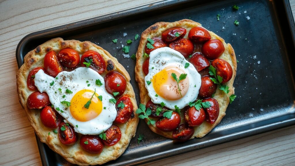 Toaster Oven Crispy Za’atar Roasted Tomato and Egg Flatbread with Lemon Labneh