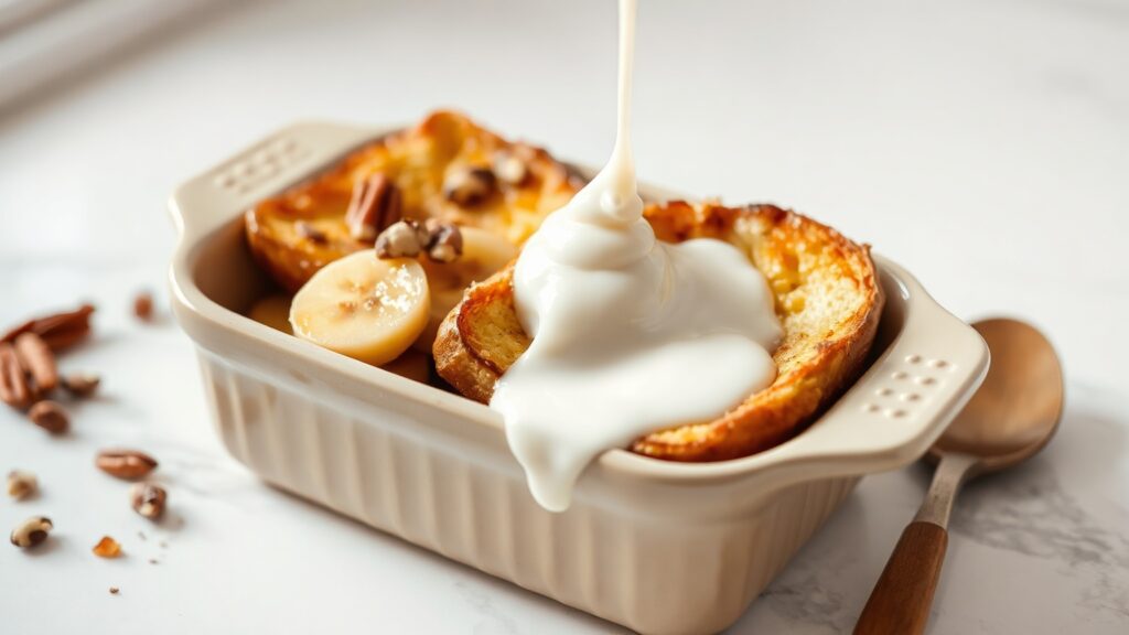 Toaster Oven Crispy Brown Butter Banana French Toast Bake with Pecans and Maple Cream